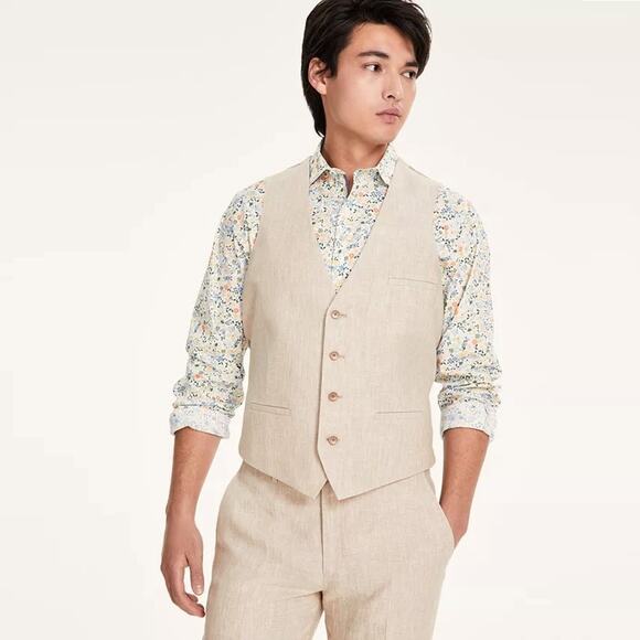Bar III Men's Light Tan Linen Classic Tailored Slim-Fit Linen Suit Vest Size L - Picture 1 of 5